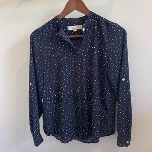 Loft Navy Polka Dot Collarless Blouse, XXSP